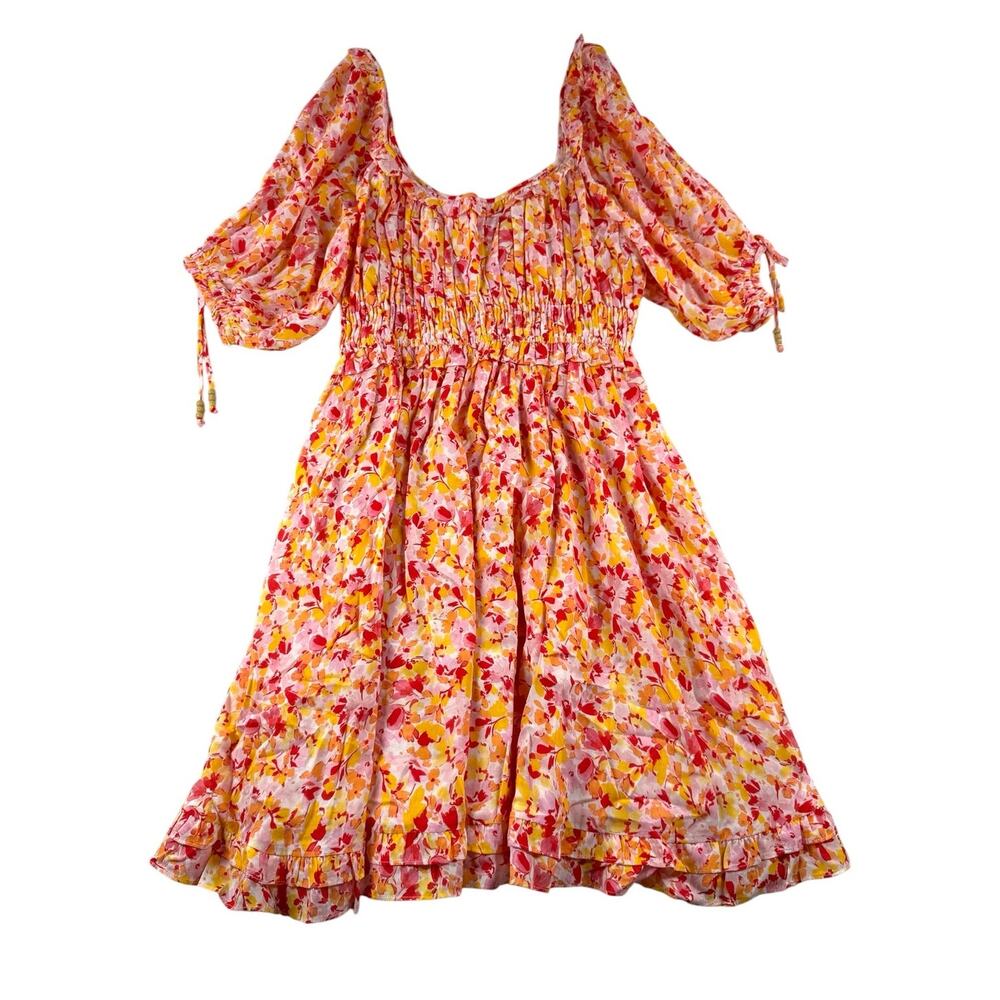 Hale Bob Sawyer Dress M Floral Ruffle Mini Smocked Balloon Short Sleeves Girly